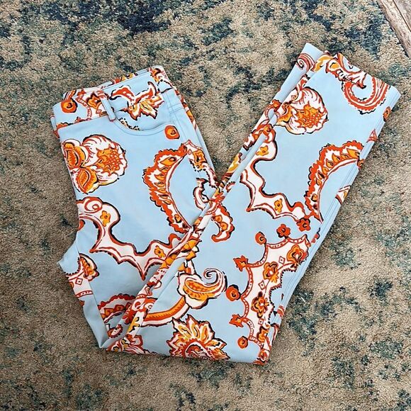 J. McLaughlin Orange and Blue Jeans with Bold Pattern - Picture 1 of 6